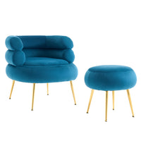 Upholstered Club Chair, Velvet Barrel Chair with Ottoman, Golden Legs, Round Armchair for Living Room, Bedroom, Blue