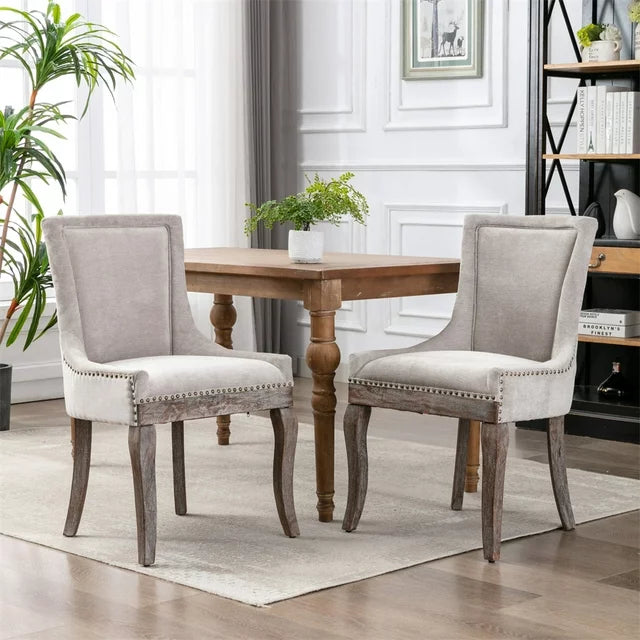 Upholstered Dining Chairs Set of 2, Mid Century Modern Accent Chair with Solid Wood Legs and Bronze Nail Head, Fabric Wingback Armless Side Chair for Kitchen Dining Room, Beige