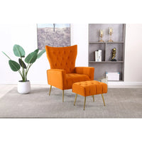 Velvet Accent Chair with Ottoman, Upholstered Wingback Armchair Set with Adjustable Armrests and Backrest, Leisure Lounge Chair Side Chair, Comfy Single Sofa Arm Club Reading Chair, (Orange)