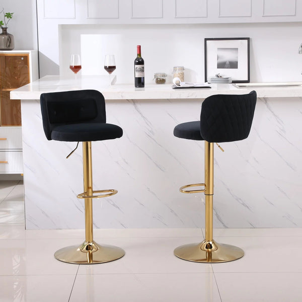 Velvet Bar Stools Set of 2, Height Adjustable Swivel Barstools Armless Kitchen Counter Bar Chairs with Back and Footrest Gold Metal Base, Modern Island Chairs for Home Bar Restaurant, Black