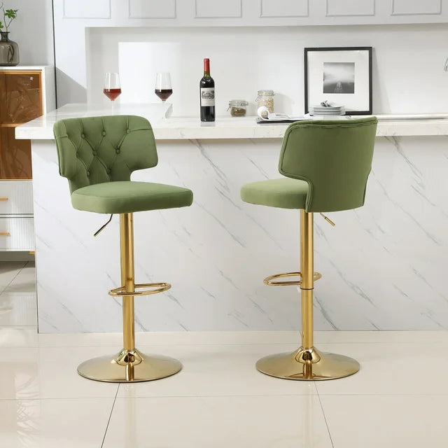 Velvet Bar Stools Set of 2, Height Adjustable Swivel Barstools Armless Kitchen Counter Bar Chairs with Tufted Button Back and Footrest Gold Metal Base, Island Chair for Home Bar Restaurant, Avocado