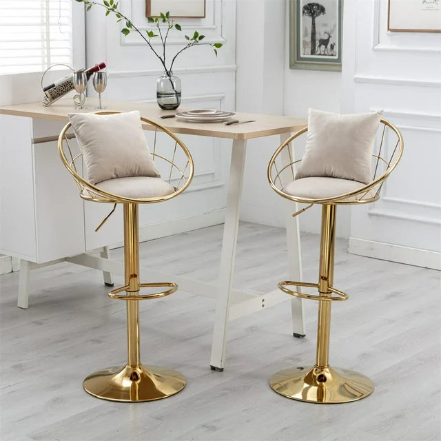 Velvet Bar Stools Set of 2,Swivel Barstool with Gold Base & Footrest,Height Adjustable Bar Chair,Upholstered Counter Height Dining Chair,Kitchen Island Chair for Living Room Pub Office,Off White