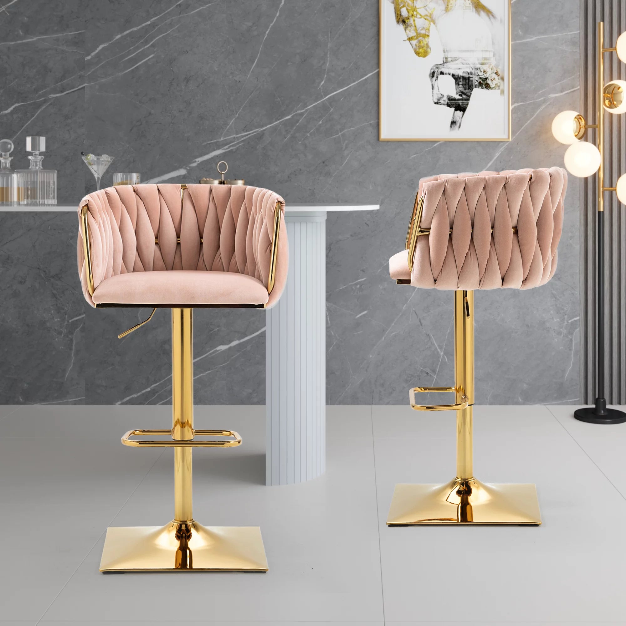 Velvet Bar Stools Set of 2, Swivel Woven Modern Adjustable Gold Bar Stools, Swivel Counter Height Barstools with Backs Gold Metal Tall Kitchen Chairs for Home Bar Dining Room Kitchen Island, Pink