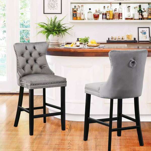 Velvet Bar Stools Set of 2, Upholstered Counter Height Bar Chair with Rivet and Button Trim, Bar Stool with Back and Footrest, for Dining Room, Kitchen, Pub, Gray