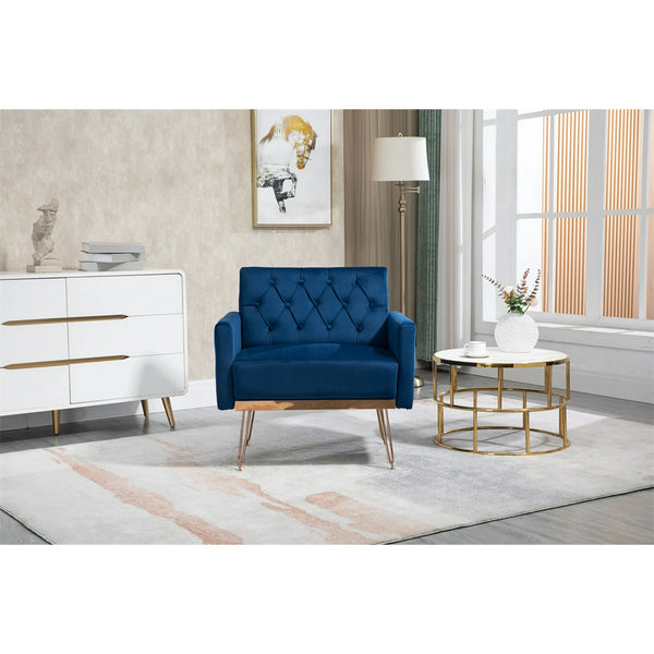 Velvet Single Sofa Chair, Mid-Century Button Tufted Upholstered Accent Living Room Chair with Golden Metal Legs, Comfy Armchair Leisure Lounge Chair with Wide Backrest and Armrest for Bedroom, Navy