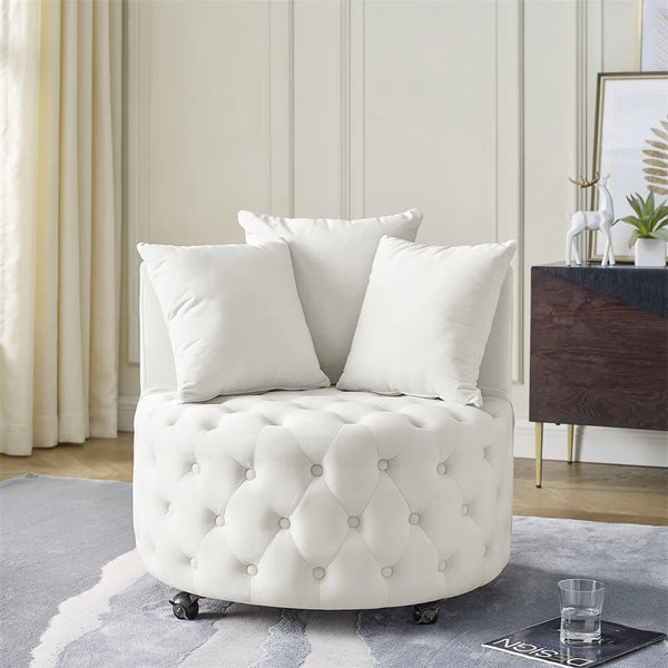 Velvet Swivel Barrel Chair, Modern Upholstered Accent Armchair with Button Tufted and 3 Pillows, Comfy Leisure Lounge Chair Club Chair with Movable Wheels for Living Room, Lounge, Hotel, Beige