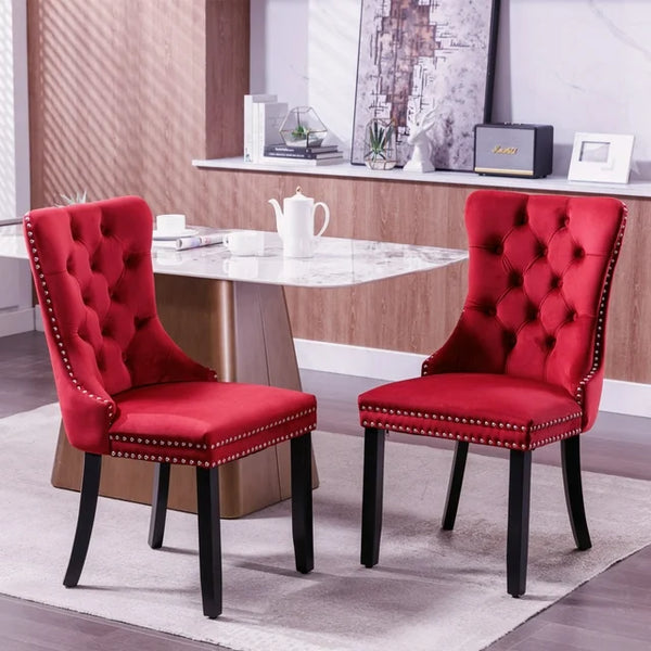 Velvet Tufted Dining Chairs Set of 2,Upholstered Dining Chair with Wood Legs and Nailhead Trim,Solid Wood Accent Chair for Kitchen Dining Room,Burgundy