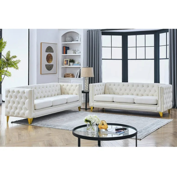 Vintage Velvet Sofa Set of 2, Upholstered Sofa Couch with Button Tufted, Square Arm, Metal Legs, 3&3-Seats Modern Couch for Living Room, Bed Room, Study,Beige