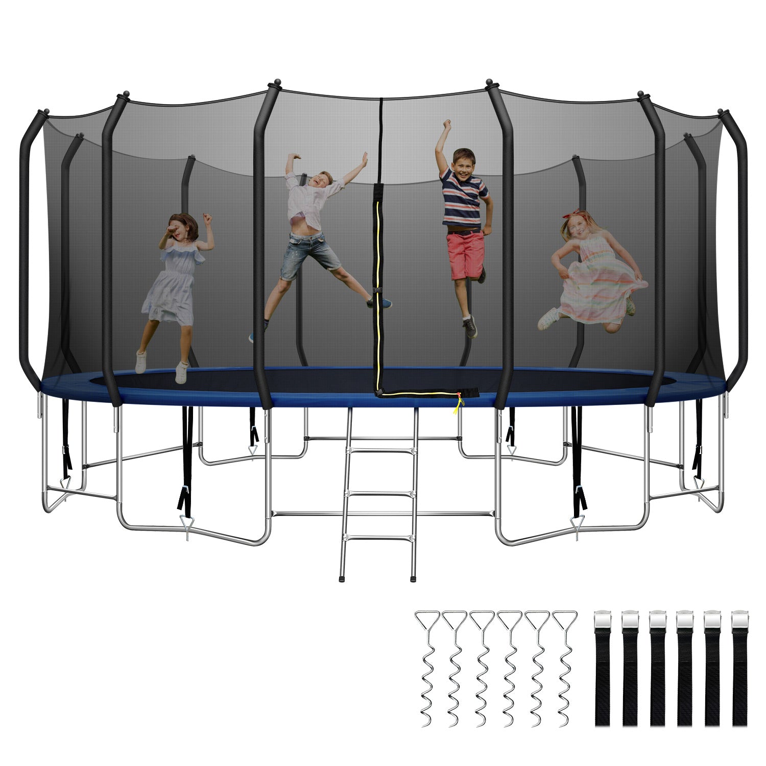 16FT Trampoline for 10 Kids, 1100LBS Trampoline with Balance Bar & 6 Wind Stakes, 1.6MM Thickened High End Curved Poles Trampoline for Adults or Kids Family Happy Time