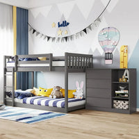 Twin Over Twin Bunk Bed with Storage Cabinet, Wooden Floor Bunk Bed with 4 Drawers and 3 Shelves, Low Bunk Beds for Kids Teens Adults, Gray