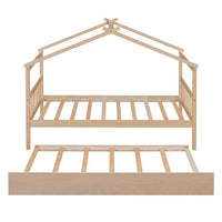 Twin Size House Bed Frame, Wood Platform Bed with Twin Size Trundle, Decorative Canopy Bed Top, Sturdy Frame Wood Legs Supprot, No Box Spring Needed, Natural