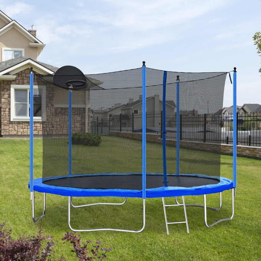 12 FT Trampoline Outdoor with Basketball Hoop, Backyard Trampoline with Enclosure Net, Heavy Duty Large Trampoline for Kids and Adults