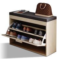 2 Tier Shoe Bench, Rattan Shoe Rack with Padded Seat, Shoe Cabinet with Flip-Drawer, Shoe Storage Bench Organizer for Entryway Hallway Living Room