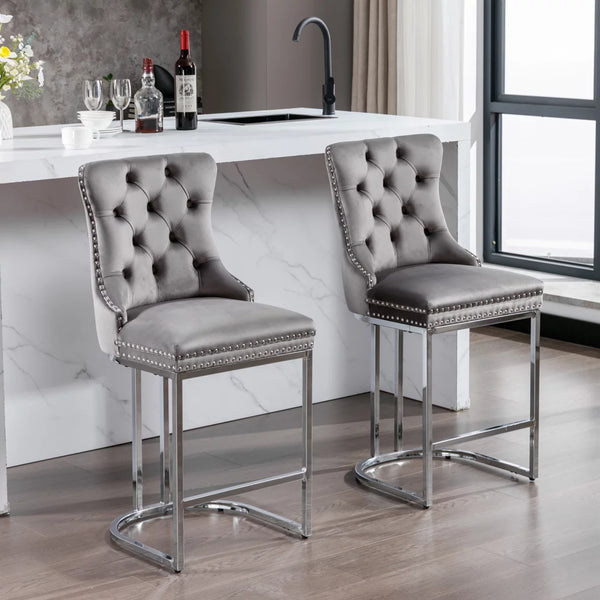 26" Bar Stools Set of 2, Counter Height Barstools with Chrome Metal Base,Velvet Upholstered Barstools with Button Back & Rivet Trim, Kitchen Island Armless Chairs for Dining Room, Home,Gray