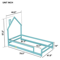 Twin Size Floor Bed, Wooden Montessori Bed Fence Bed with House Shape Headboard, Wood House Bed Platform Bed, for Boys Girls, Low to Ground Height, No Box Spring Needed, ight Blue