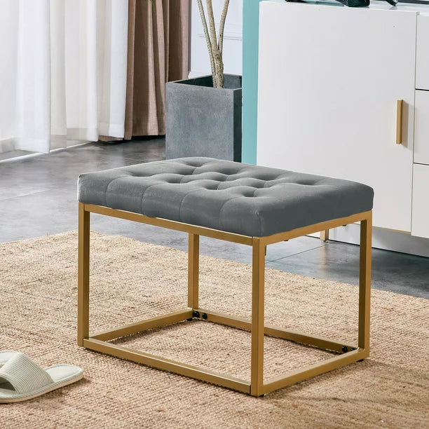 Velvet Ottoman, Modern Button Tufted Footrest Upholstered Vanity Stool with Gold Metal Frame, Upholstered Vanity Chair for Living Room Bedroom Entryway, 21.7”L x 15.9”W x 16.5”H, Dark Gray