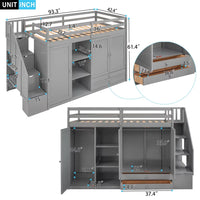 Twin Size Loft Bed, Kids Loft Bed with Storage, 2 Wardrobes and Shelves, Functional Loft Bed Frame with Storage Stairs for Children Adults, 400LBS Weight Capacity, Gray