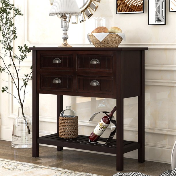 Console Table Buffet Sideboard with Bottom Shelf and 4 Drawers Wood S tripletreebrands