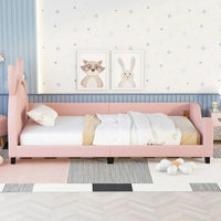 Twin Size Upholstered Daybed, Wood Low Platform Day Bed Frame with Cat Ears Shaped Headboard & Curved Footboard, PU Leather Sofa Bed Frame with Button Tufted Decoration & Nailhead Trim for Kids, Pink