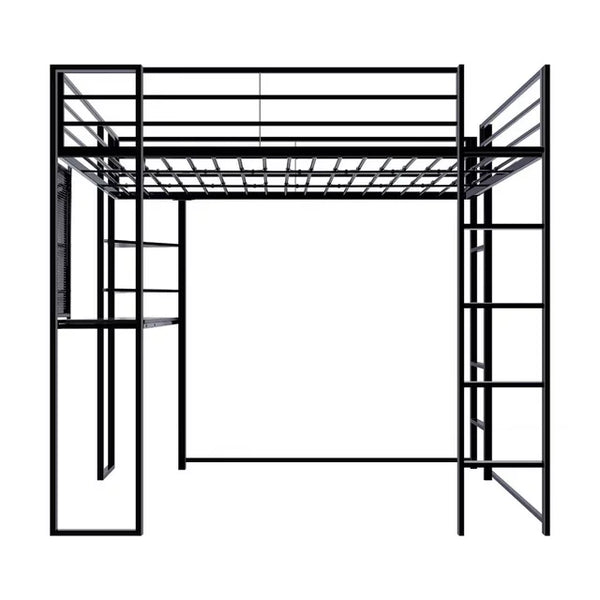 Full Size Loft Bed with 2 Built-in Ladders, Metal Loft Bed Frame, Multifunctional Loft Bed with Desk and Shelves, Space-Saving Bed Frame with Strong Board Slats, Hold up to 240lbs, Black