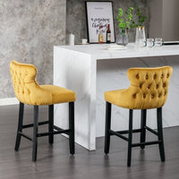 Tufted Bar Stools Set of 2, Upholstered Button Tufted Counter Bar Height Bar Chairs with Back, Velvet Kitchen Island Chair Barstools with Wood Legs for Dining Room Bar Coffee Shop, Yellow