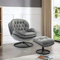 Velvet Swivel Accent Chair with Ottoman,Modern Chaise Lounge with Footstool,Comfy Armchair TV Chairs with Metal Frame and Legs for Living Room,Bedroom,Office,Grey