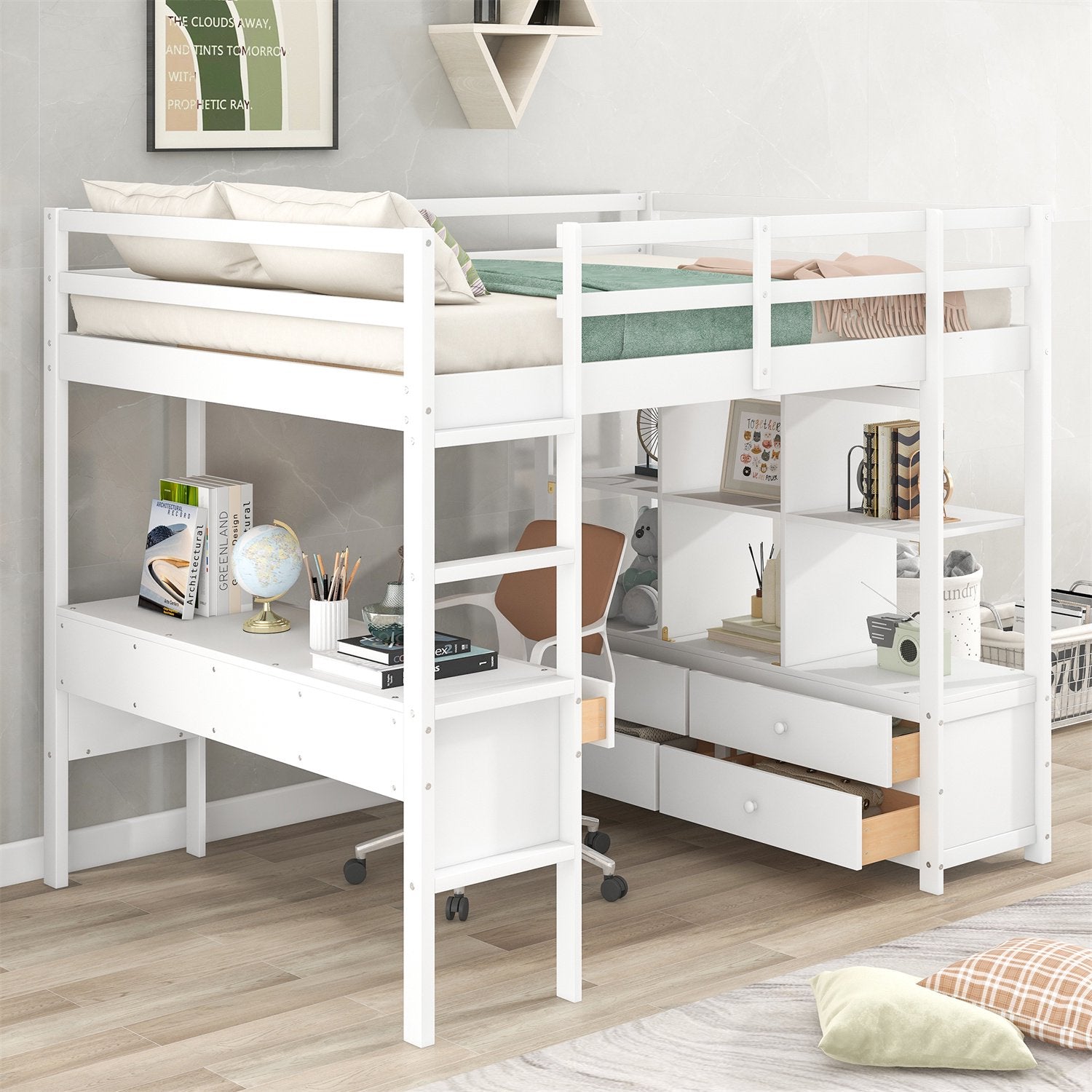 Full Size Loft Bed Solid Wood Bed Frame with Ladder, Shelves & Desk - Gray