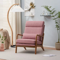Accent Chair with Cushion, Mid-Century Modern Reading Armchair with Wood Armrest, Upholstered Linen Lounge Chair Solid Wood Side Chair for Living Room Bedroom Apartment, Pink