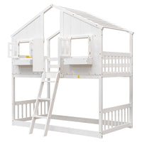 Twin Over Twin House Bunk Bed, Twin Size Wooden Bunk Bed Frame with Roof ,Window, Safety Guardrails and Ladder, Wooden Bunk Bed for Children Teen Boys and Girls, White