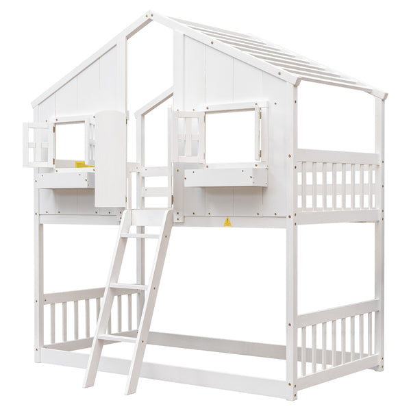 Twin Over Twin House Bunk Bed, Twin Size Wooden Bunk Bed Frame with Roof ,Window, Safety Guardrails and Ladder, Wooden Bunk Bed for Children Teen Boys and Girls, White