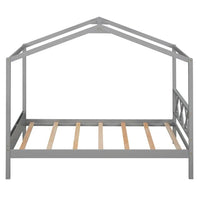 Twin Size House Bed Frame for Kids, Wood Low Loft House Bed Montessori Bed with Headboard, House Shaped Twin Platform House Bed Frame with Roof and Storage Space for Kids Teens Boys Girls, Gray