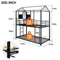 Twin over Twin Metal House Bunk Bed with 2 Ladders for Kids Teens, Floor Bunk Bed with Roof and Window Can Be Decorated, Black