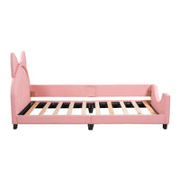 Twin Size Upholstered Daybed, Wood Low Platform Day Bed Frame with Cat Ears Shaped Headboard & Curved Footboard, PU Leather Sofa Bed Frame with Button Tufted Decoration & Nailhead Trim for Kids, Pink