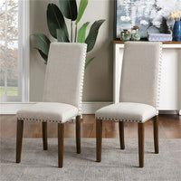 Upholstered Dining Chairs Set of 2, Modern Kitchen Chairs Set of 2, Linen Chairs with Copper Nails and Wood Legs, High Back, Mid Century, Living Room Bedroom,17.72 x 24.41 x 39.17 Inches, Beige