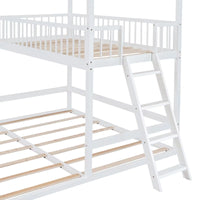 Twin Size Bunk Bed Frame for 3 Children, Extending Wooden Triple Bunk Beds, House Bed with 11.4inch Guardrail and Inclined Ladder for Boys Girls Teens, White