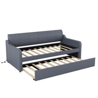 Twin Size Modern Sofa Bed Frame, Upholstery Daybed with Trundle and USB Charging Design,Trundle Can be Flat or Erected