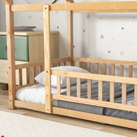 Twin Floor Bed for Kids, Wooden House Bed Frame with Roof, Fence Guardrails, Montessori Bed for Toddlers Girls Boys, Natural