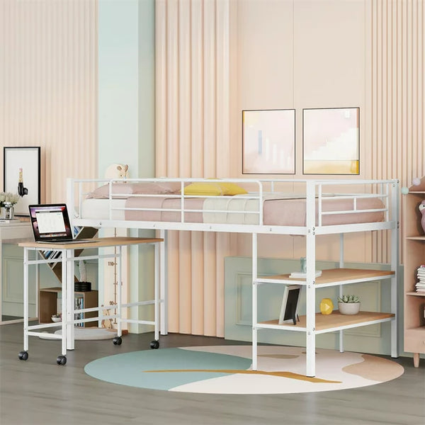 Twin Size Loft Bed with Rolling Desk and Storage Shelves,Heavy-Duty Metal Loft Bed Frame with Safety Guardrail for Kids Teens Bedroom,Space-Saving Low Loft Bed with Sturdy Metal Slats Support,White