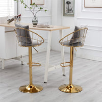 Velvet Bar Stools Set of 2,Swivel Barstool with Gold Base & Footrest,Height Adjustable Bar Chair,Upholstered Counter Height Dining Chair,Kitchen Island Chair for Living Room Pub Office,Grey