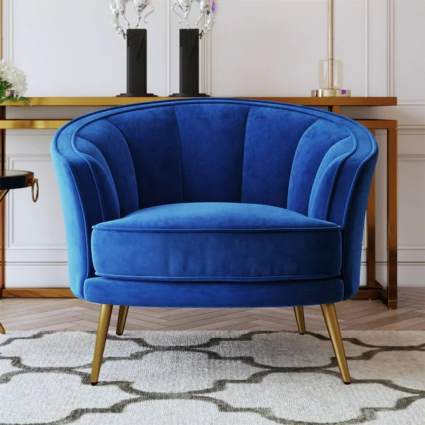 Velvet Accent Chair Modern Barrel Chair Leisure Armchair with Tufted Back and Golden Legs Vanity Chair Single Sofa Club Chair for Living Room Bedroom Home Office, Blue