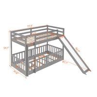 Twin Over Twin Floor Bunk Bed with Fence and Safety Guardrail, Wood Low Beds Frame with Convertible Slide and Built-in Ladder for Kids Teens Boys Girls, No Box Spring Needed