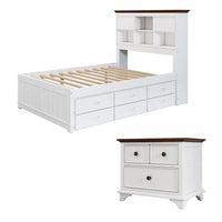 2 Pieces Wooden Captains Bedroom Set for Kids Teens, Full Bed with Trundle and Nightstand,White+Walnut