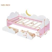 Twin Size Daybed with 2 Storage Drawers,Wood Platform Bed with Clouds and Crescent Moon Decor,Twin Bed Frame for Kids Girls Boys,White+Pink