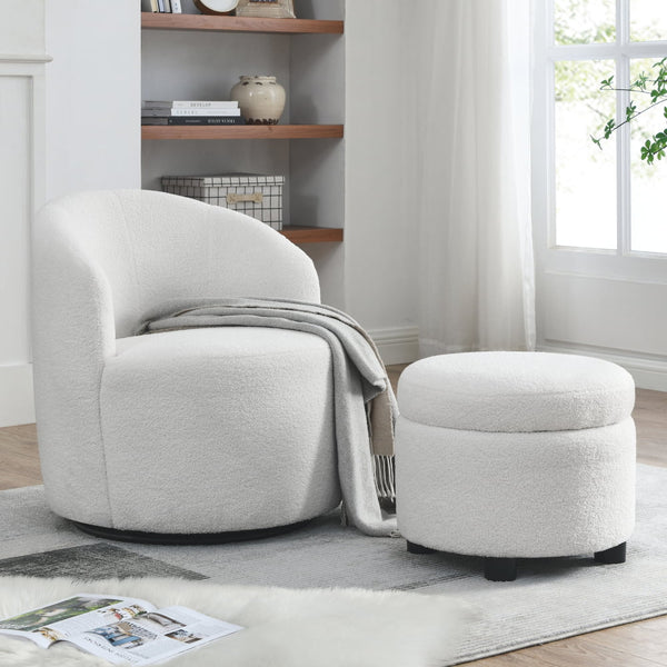 360 ° Swivel Barrel Chair with Storage Ottoman,Boucle Sherpa Round Accent Chair with Footstool,Round Lounge Chair Set for Nursery,Single Sofa Chair Reading Chair,for Living Room,Bedroom,Office