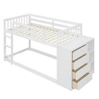 Twin Over Twin Bunk Bed with Storage Cabinet, Wooden Floor Bunk Bed with 4 Drawers and 3 Shelves, Low Bunk Beds for Kids Teens Adults, White