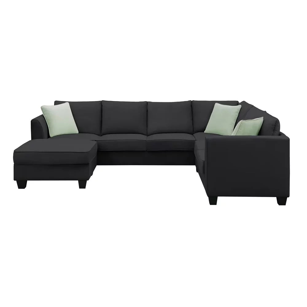 112''L x 87'' Modular Sectional Sofa, 7 Seats L-Shape Couches with Ottoman and 3 Pillows, Modern Fabric Upholstered Corner Sofa for Living Room, Black