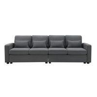 104" Accent Sofa, Modern Linen Fabric Upholstered 4-Seater Sofa with Armrest Pockets and 4 Pillows, Minimalist Style Sofa Couch with Plastic Legs for Living Room, Apartment, Office, Dark Grey