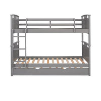 Twin over Twin Bunk Bed with Twin Size Trundle, Wood Bed Frame Convertible to 2 Twin Size Platform Bed, Bunk Beds with Ladder and Safety Rails for Boys Girls Teens, No Box Spring Required, Gray