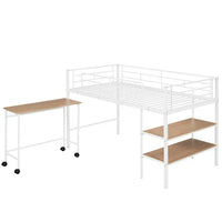 Twin Size Loft Bed with Rolling Desk and Storage Shelves,Heavy-Duty Metal Loft Bed Frame with Safety Guardrail for Kids Teens Bedroom,Space-Saving Low Loft Bed with Sturdy Metal Slats Support,White