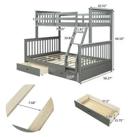 Twin-Over-Full Bunk Bed with Ladders and Full-length Guardrail,Solid Wood Bunk Bed Frame with 2 Storage Drawers for Kids, Girls, Boys, Toddler, Gray